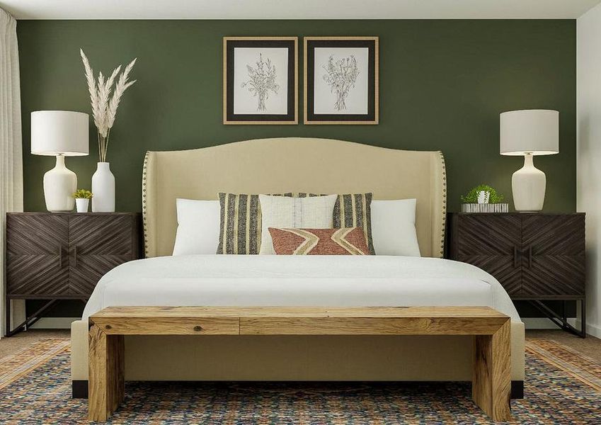 Rendering of the spacious master suite in
  the York, which shows a large bed with a wooden bench at the foot of it
  nestled between two large nightstands.