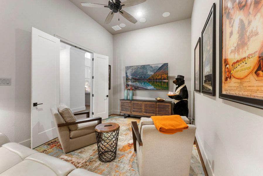 Media room adds valuable flexibility within the home’s one-story layout. This separate space works well for movie nights, guests, hobbies, or a quiet retreat away from the main living areas.