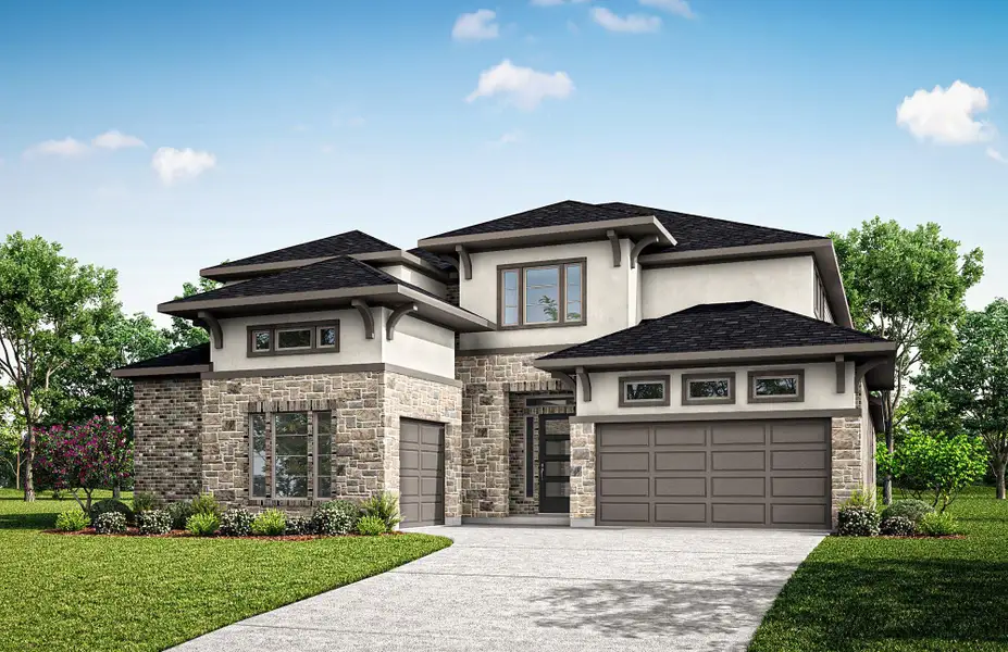 Front exterior of a new home in Katy Court 60', Katy, TX, highlighting curb appeal (Image 1). Front exterior of a new home in Katy Court 60', Katy, TX, highlighting curb appeal (Image 1).