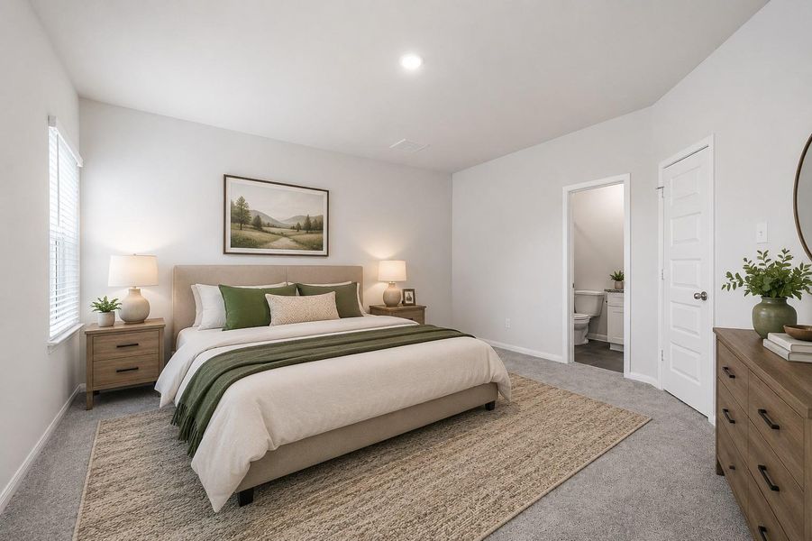 First-floor bedroom with full bath, virtually staged First-floor bedroom with full bath, virtually staged