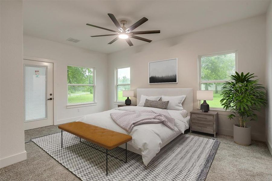 Bedroom with carpet floors, multiple windows, and ceiling fan