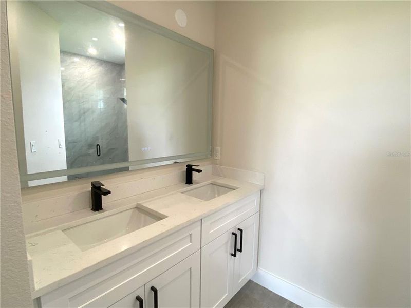 master bath, double vanity, LED lighted mirror with anti-fog