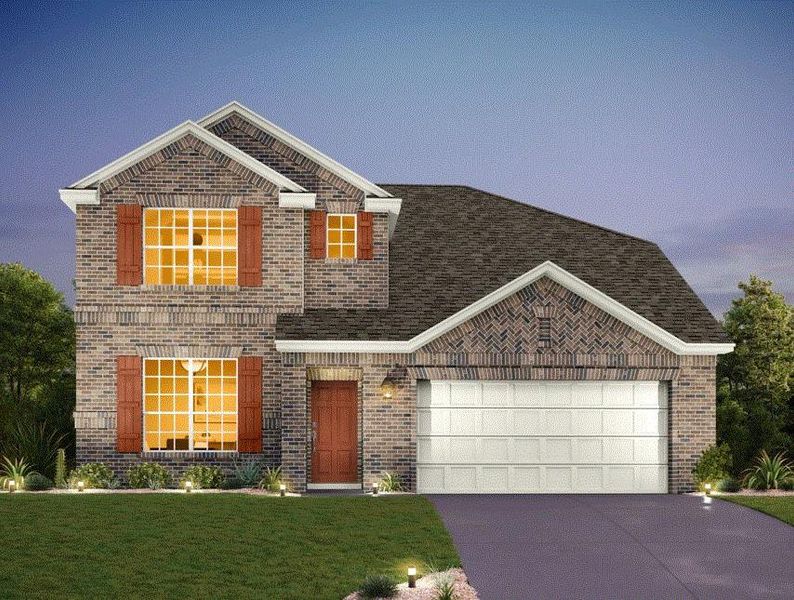 Front exterior of a new home in Willow Springs, Buda, TX, highlighting curb appeal (Image 1). Front exterior of a new home in Willow Springs, Buda, TX, highlighting curb appeal (Image 1).
