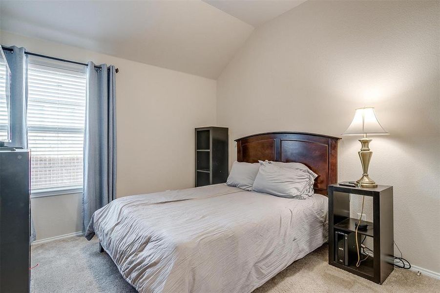 Bedroom with carpet floors and lofted ceiling