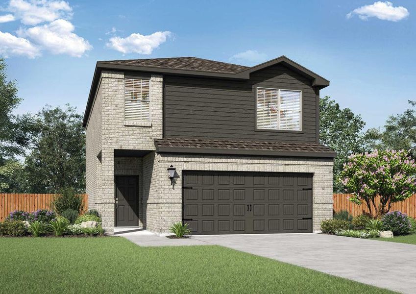 Charming two-story home with dark gray siding and light gray brick.