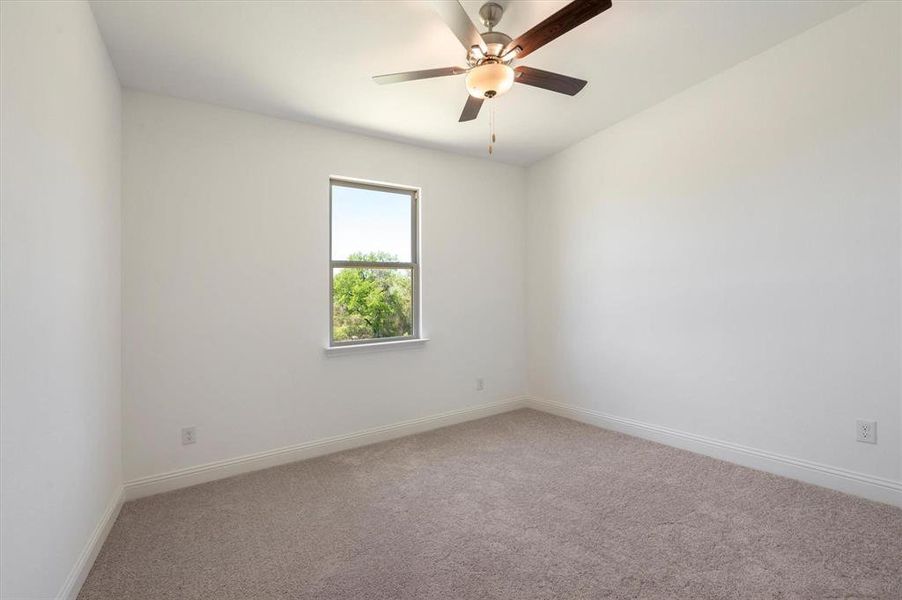 Empty room featuring ceiling fan and carpet floors