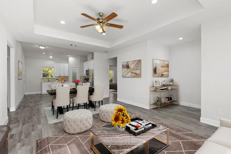 Virtually Staged: With sightlines that span from the living area straight into the modern kitchen, this floor plan offers a spacious, airy feel ideal for entertaining, relaxing, and everyday comfort.