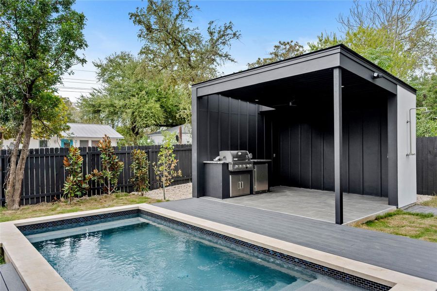 View of swimming pool featuring a fenced backyard, a patio area, and grilling area