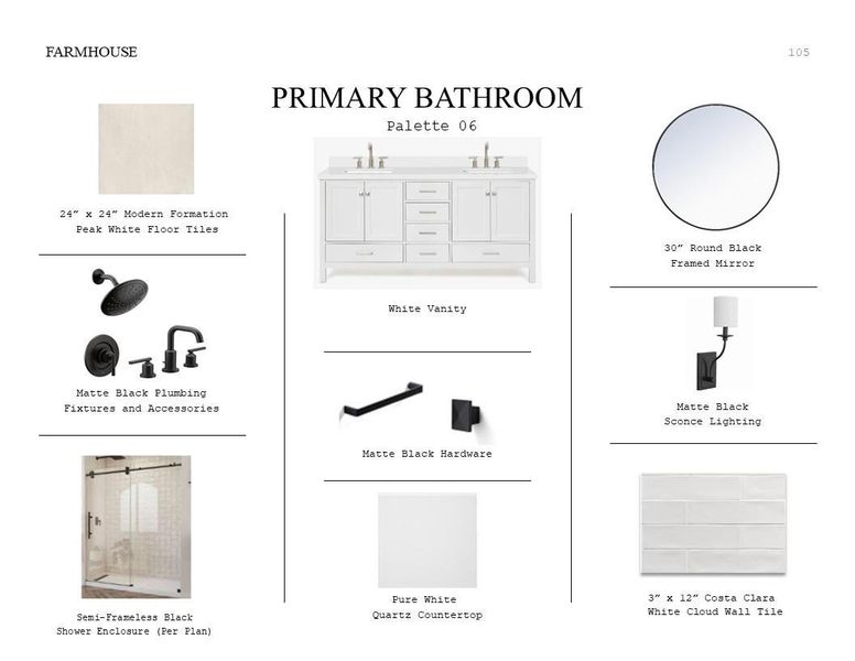 Farmhouse Look Palette 6: Primary Bathroom Selection Sheet (*Artist rendering used for illustration purposes only.)