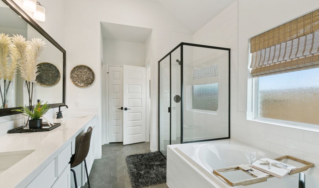 Owner's luxury bath with dual sinks, shower and tub