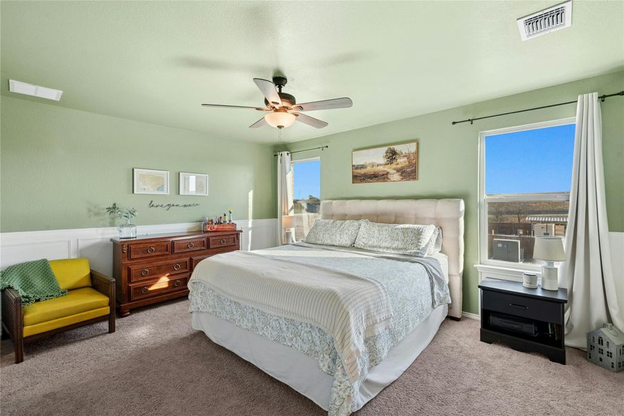 Carpeted bedroom featuring a ceiling fan, multiple windows, and a wainscoted wall