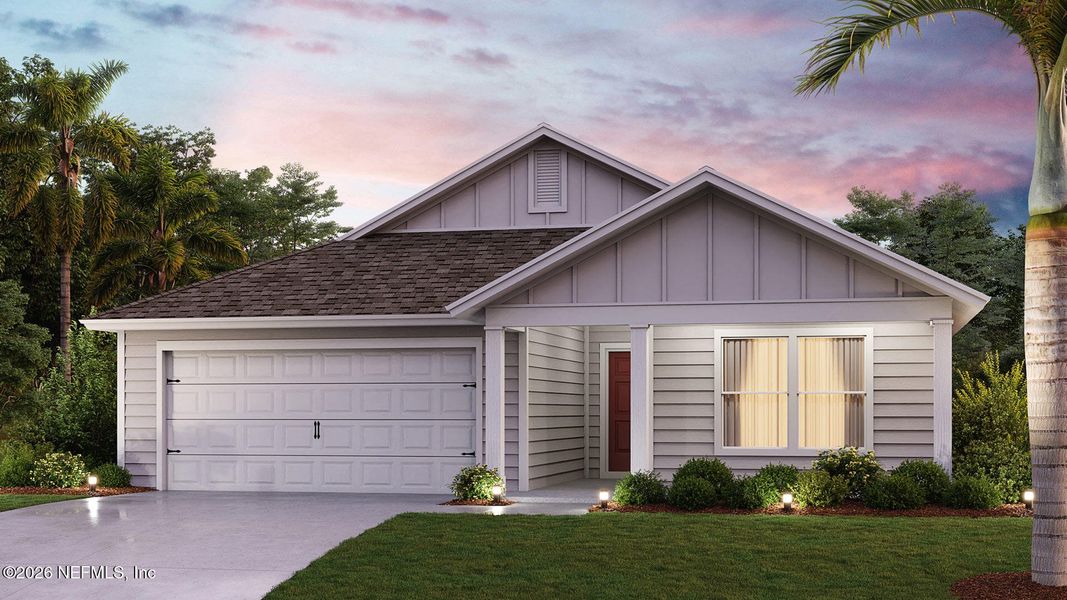 Front exterior of a new home in Sawmill Branch, Palm Coast, FL, highlighting curb appeal (Image 2).