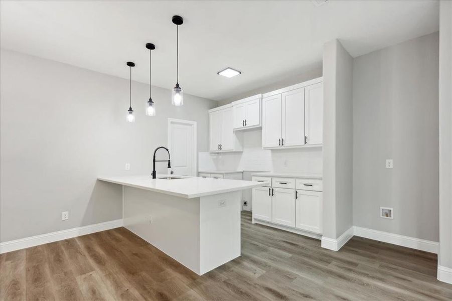 Kitchen with sink, kitchen peninsula, and hardwood / wood-style floors