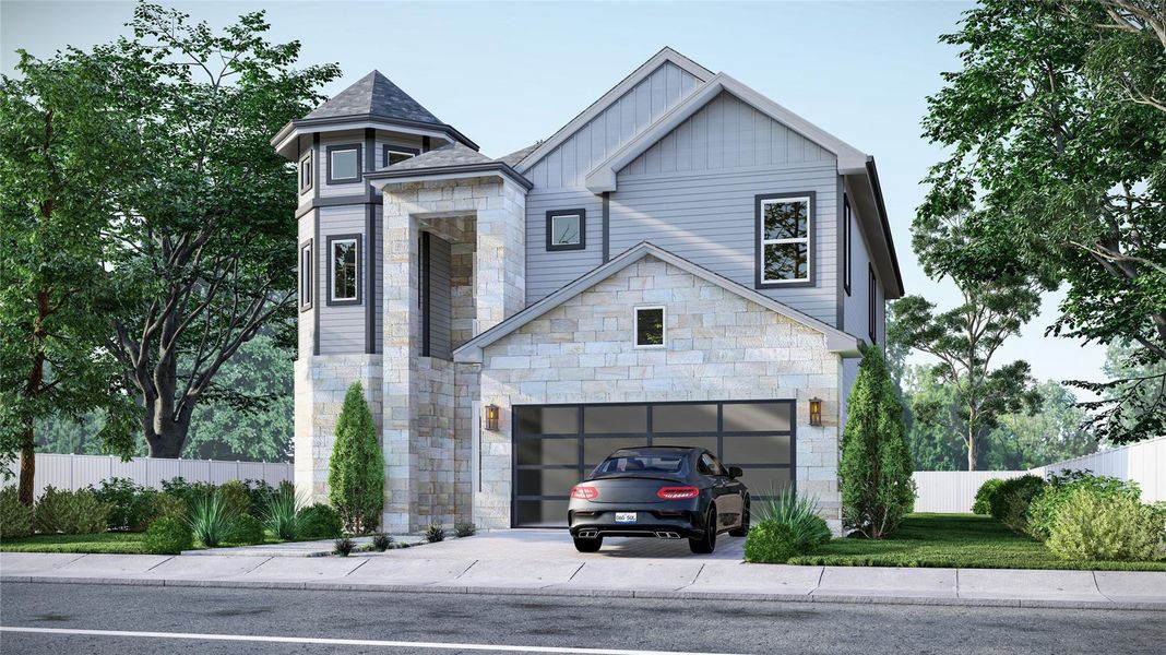 Front exterior of a new home in , League City, TX, highlighting curb appeal (Image 1). Front exterior of a new home in , League City, TX, highlighting curb appeal (Image 1).