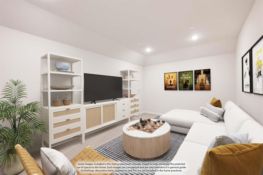 Virtually staged living room with white sectional sofa, open shelving unit, TV, and round coffee table on striped rug
