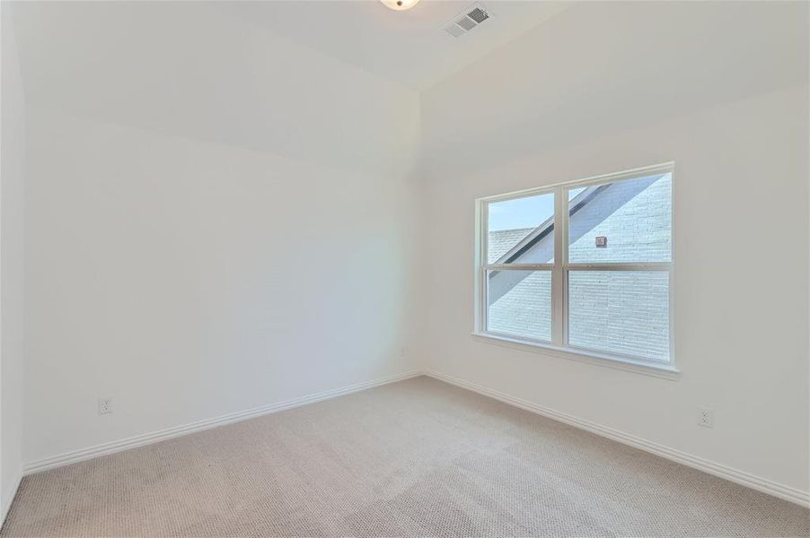 Unfurnished room with lofted ceiling and carpet floors