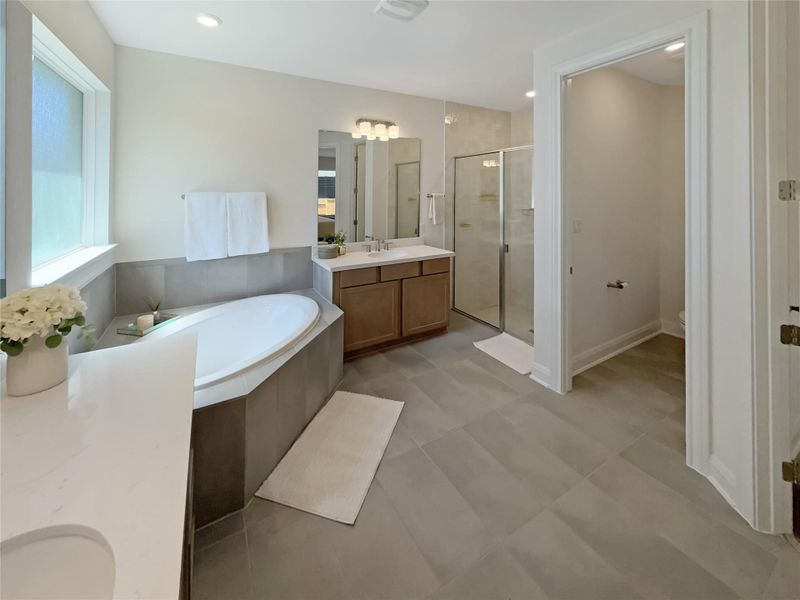 Bathroom with vanity, a shower stall, and a garden tub