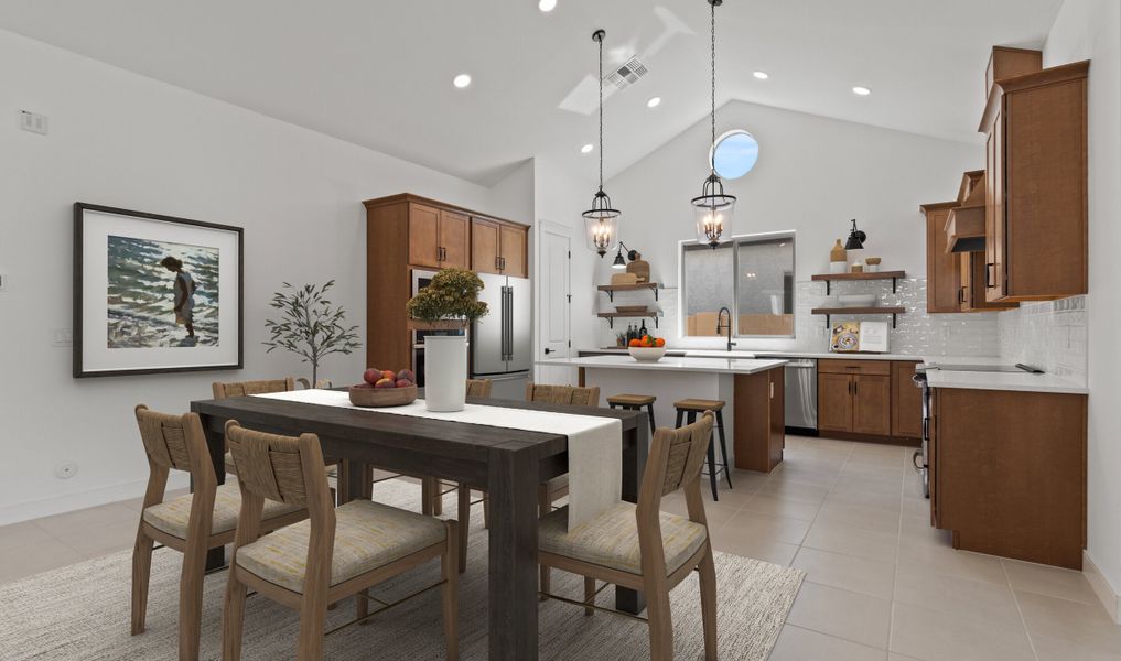 Dining area with tile flooring