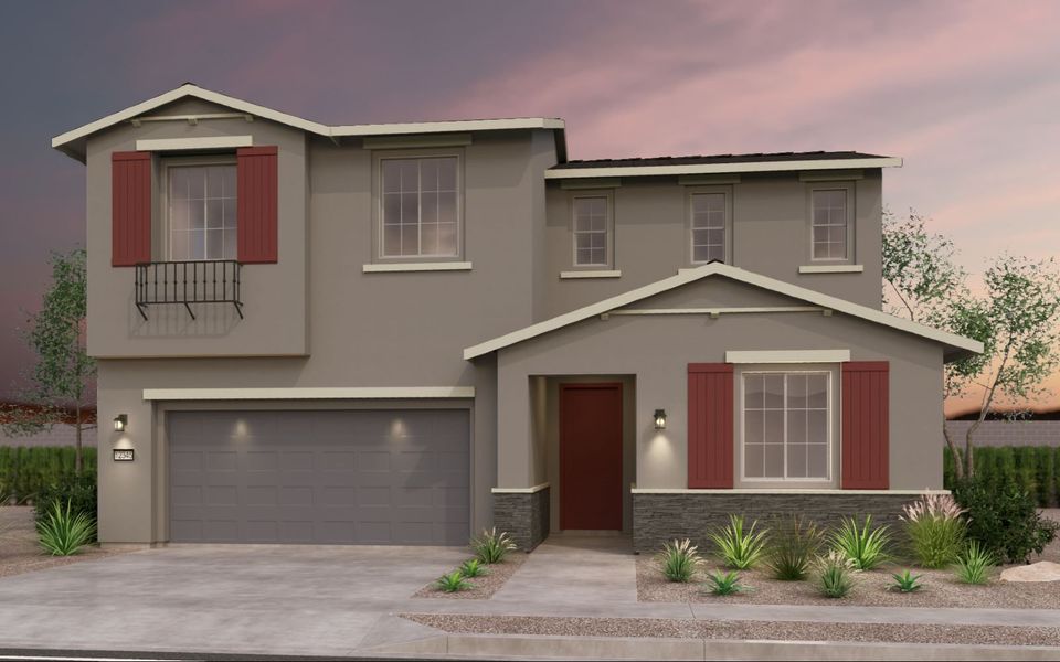 Representative exterior photo of a completed home built from the Poppy by Brookfield Residential in Wildflower at Blossom Rock, Apache Junction, AZ (Image 6).