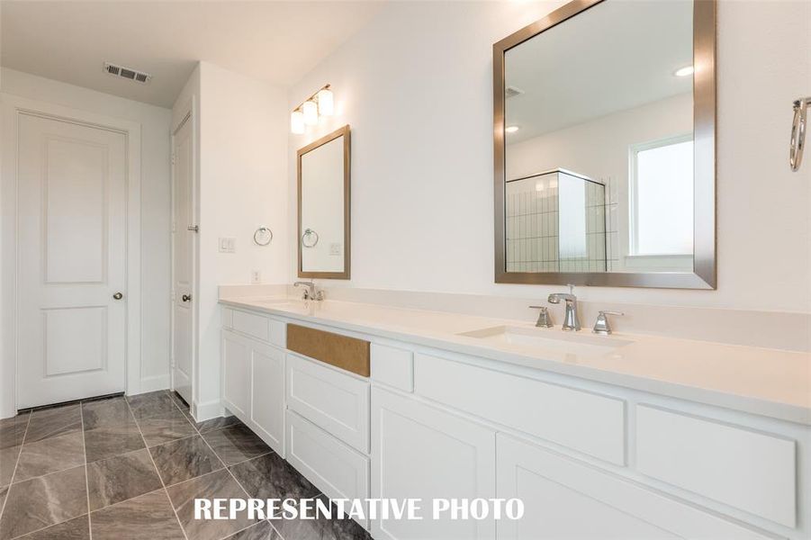 With his and her vanities, there is plenty of room for 2 in this lovely owner's bath.  REPRESENTATIVE PHOTO