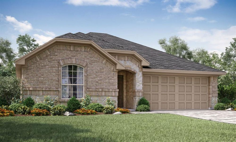 View of front of property with a garage and a front lawn