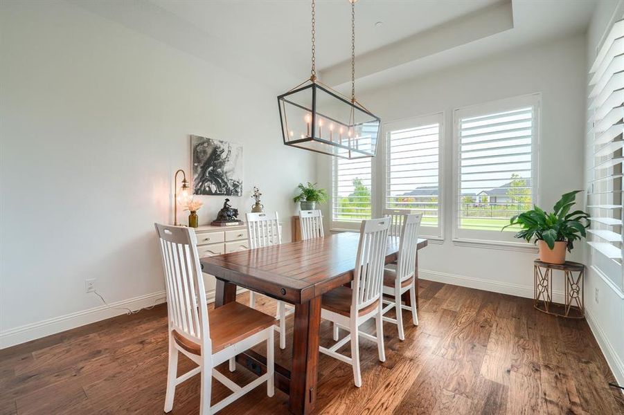 Dining area featuring dark wood-type flooring and baseboards