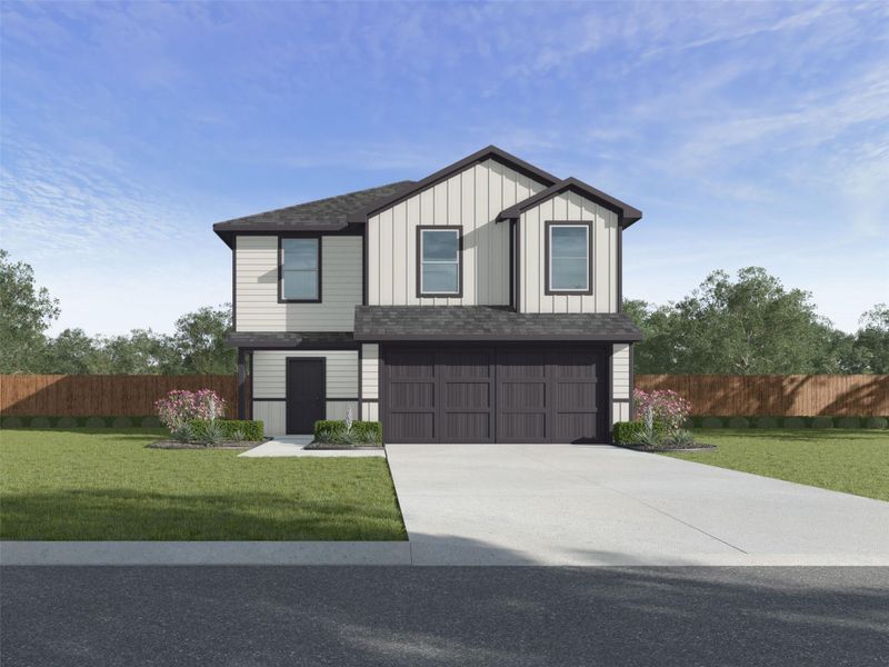 Front exterior of a new home in The Villages at Schwertner Ranch, Jarrell, TX, highlighting curb appeal (Image 1).