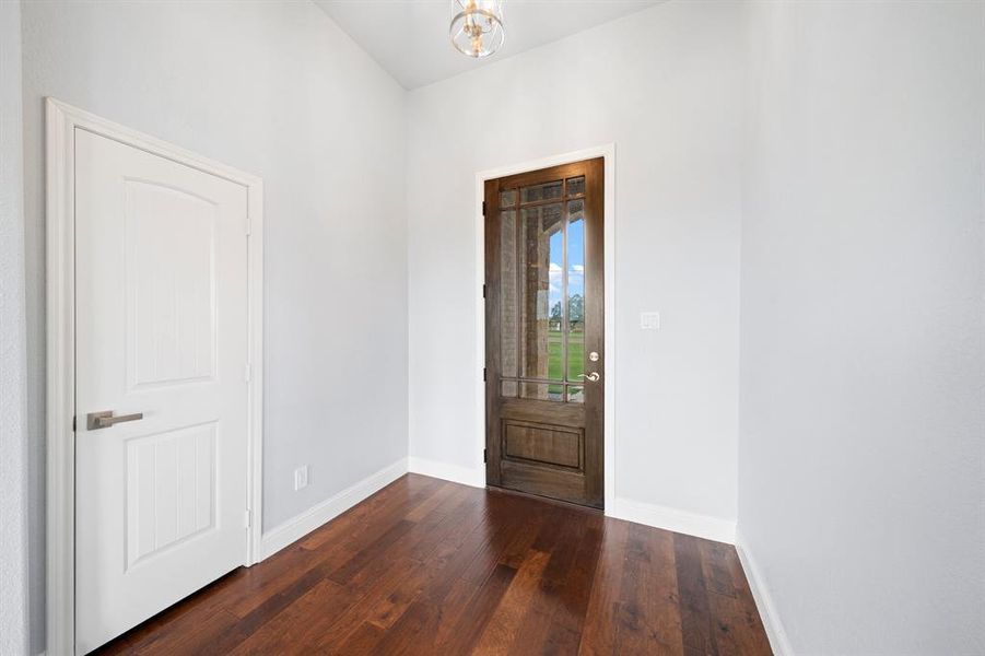 Foyer entrance with dark wood-type flooring