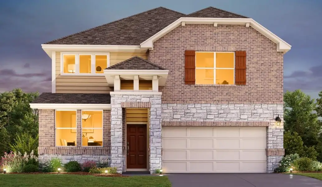 Front exterior of a new home in Berry Creek Highlands, Georgetown, TX, highlighting curb appeal (Image 1).