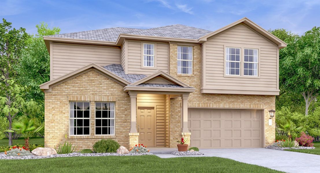 Front exterior of a new home in Lively Ranch: Highlands Collection, Georgetown, TX, highlighting curb appeal (Image 23).