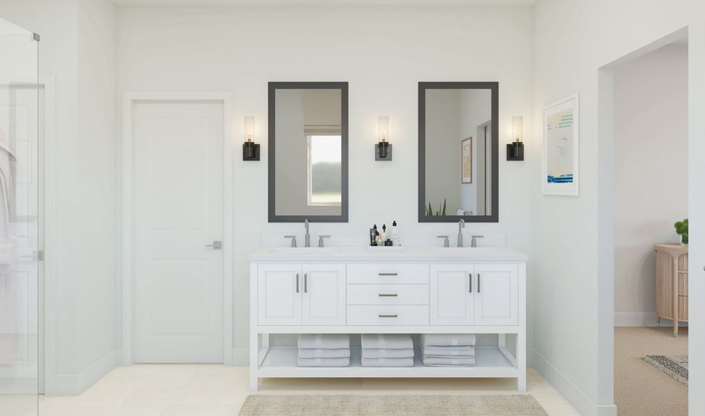 Primary bath with freestanding vanity and chrome fixtures