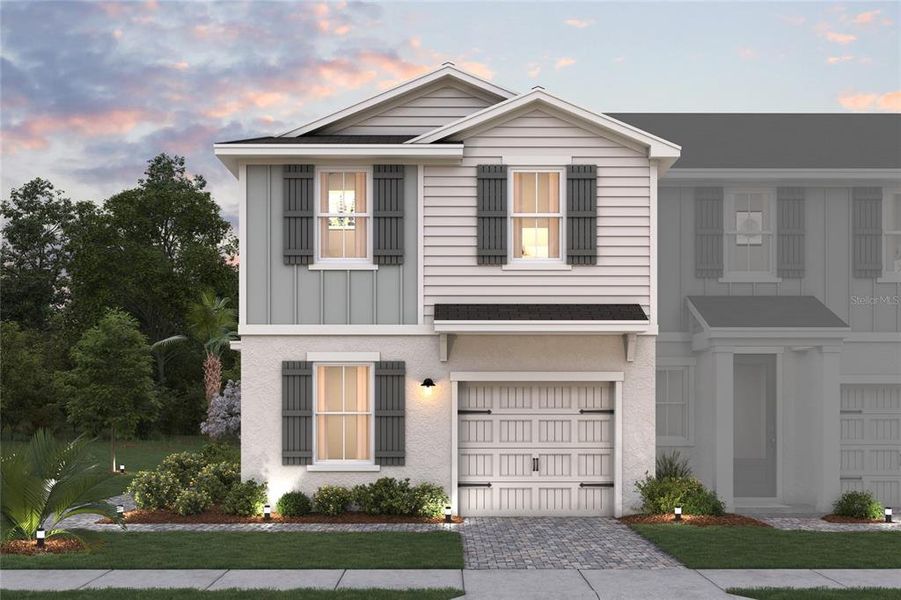 Front exterior of a new home in Aspire at Canter Creek, Davenport, FL, highlighting curb appeal (Image 1). Front exterior of a new home in Aspire at Canter Creek, Davenport, FL, highlighting curb appeal (Image 1).