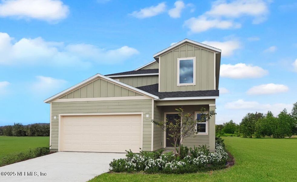 Front exterior of a new home in Saddle Oaks: Saddle Oaks 40s, Jacksonville, FL, highlighting curb appeal (Image 1). Front exterior of a new home in Saddle Oaks: Saddle Oaks 40s, Jacksonville, FL, highlighting curb appeal (Image 1).