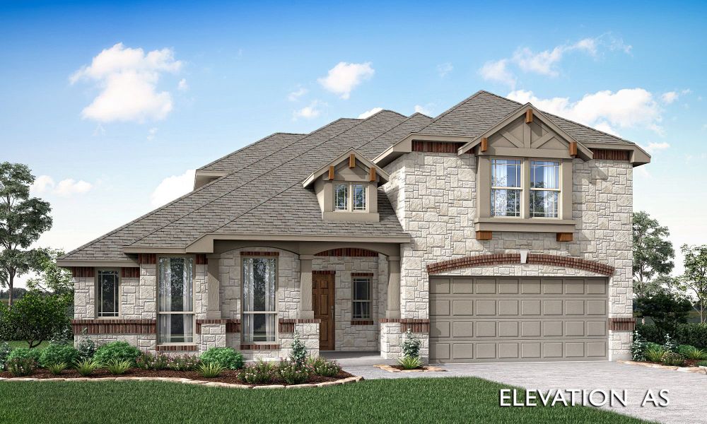 Two-story home with stone exterior, two-car garage, and craftsman-style roof details