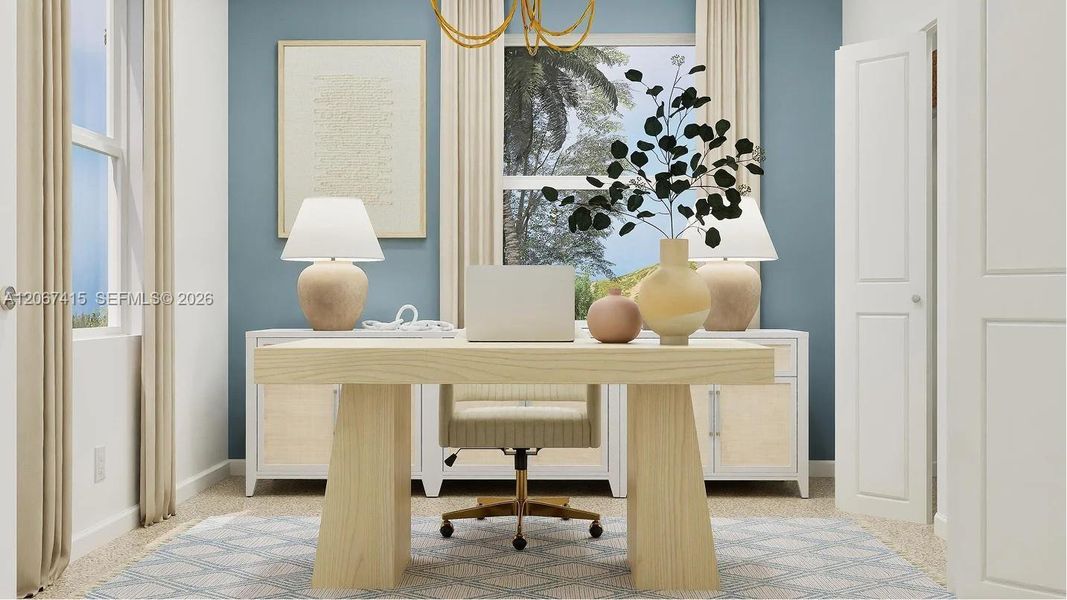 This bedroom boasts a prime location on the first floor, providing the perfect spot for a home office, as shown here.