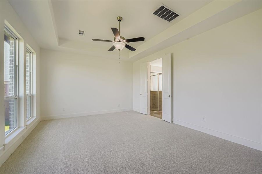 Spare room with a raised ceiling, light carpet, and ceiling fan
