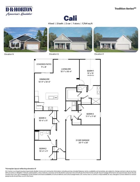 2D floor plan layout for the Cali by D.R. Horton in Collins Ridge, Hillsborough, NC (Image 3).