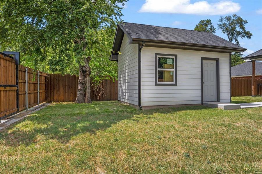 View of outbuilding featuring a fenced backyard View of outbuilding featuring a fenced backyard