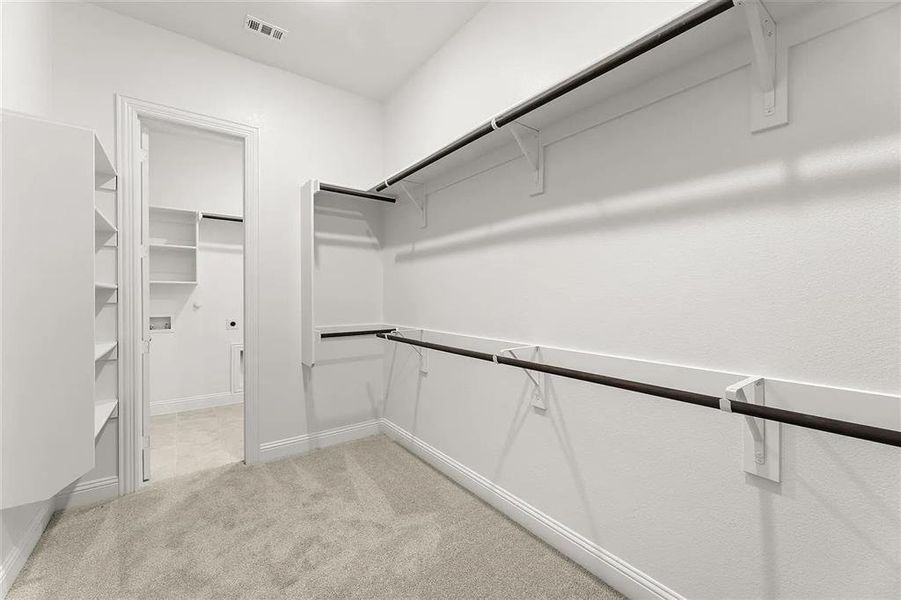 Spacious closet with light carpet