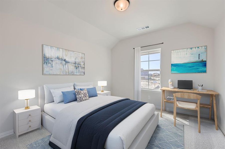 VIRTUALLY STAGED PHOTO - Carpeted bedroom with vaulted ceiling