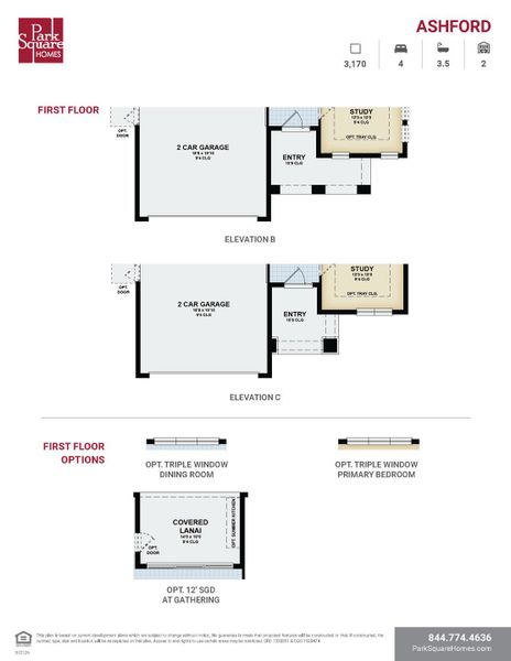 2D floor plan layout for the Ashford by Park Square Residential in Tamarack at Two Rivers, Zephyrhills, FL (Image 4).