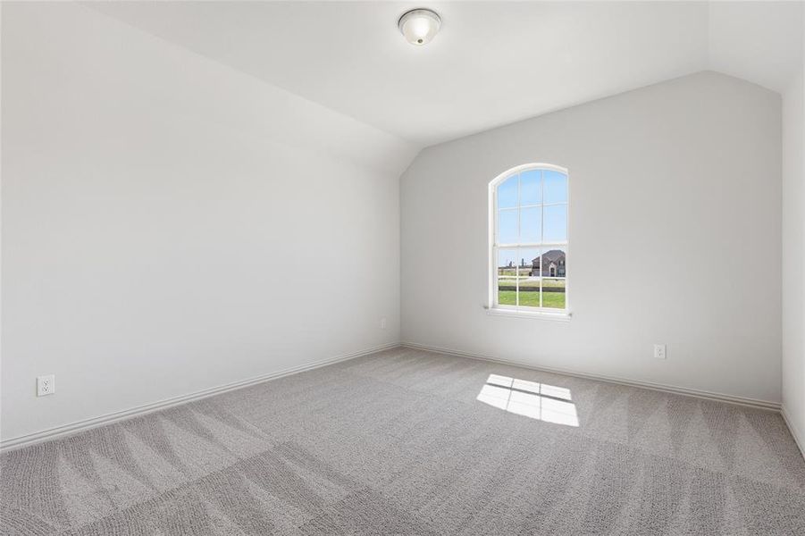 Arch-top window with white framing, vaulted ceiling, neutral wall paint, gray patterned carpeting, and white baseboards