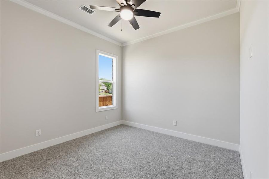 Carpeted room featuring a single window, a ceiling fan with integrated lighting, white baseboards, and crown molding