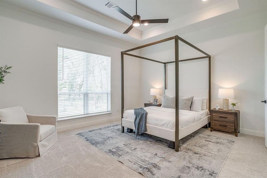 Large primary bedroom with a raised ceiling, crown molding, and a ceiling fan Large primary bedroom with a raised ceiling, crown molding, and a ceiling fan