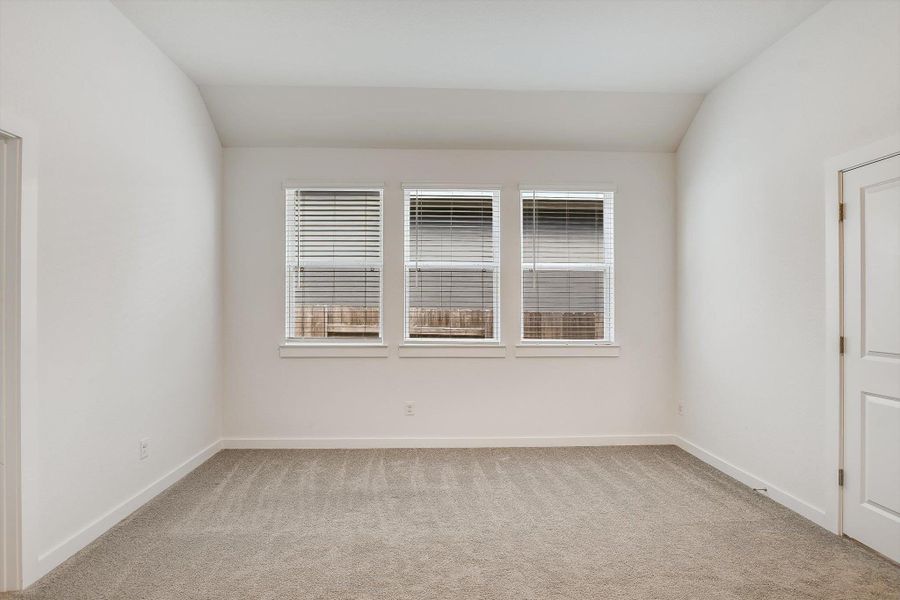 Spacious bonus room featuring three windows with blinds, neutral carpet flooring, vaulted ceilings, and a white paneled door