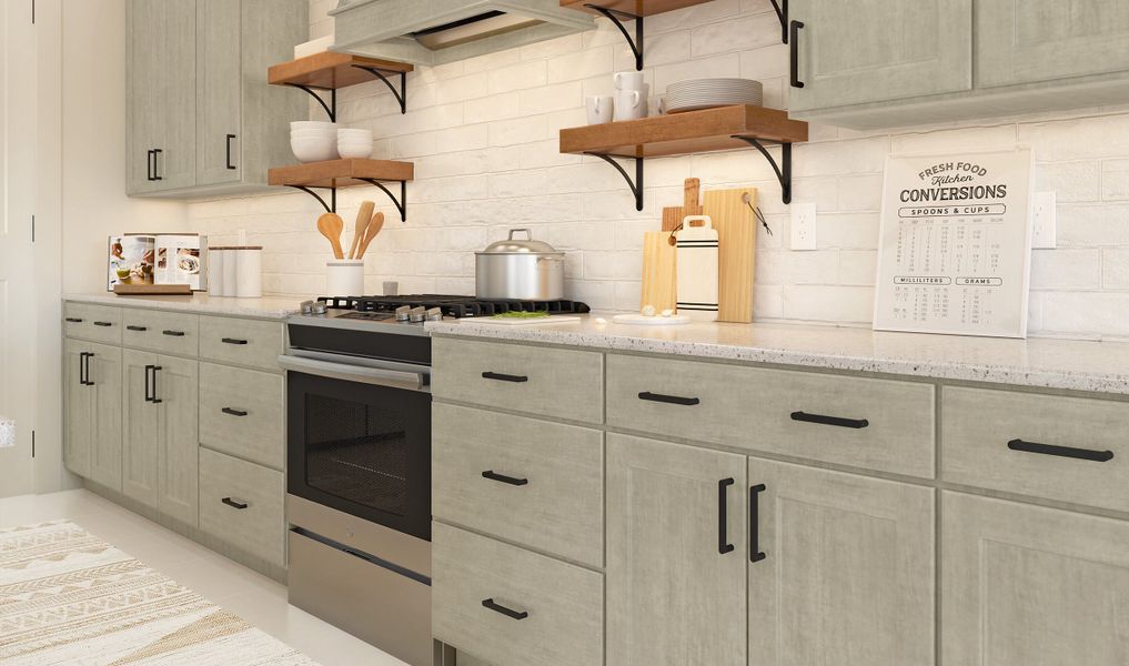 Kitchen with white subway tile backsplash and floating shelves