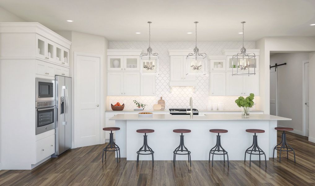 Kitchen with pendant lighting and upper glass cabinets Kitchen with pendant lighting and upper glass cabinets