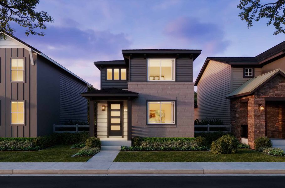 Front exterior of a new home in The Villas Collection at Sterling Ranch, Littleton, CO, highlighting curb appeal (Image 1). Front exterior of a new home in The Villas Collection at Sterling Ranch, Littleton, CO, highlighting curb appeal (Image 1).