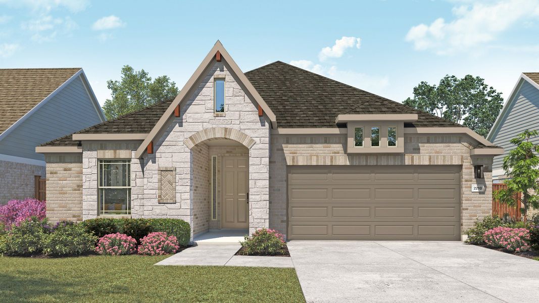 Representative exterior photo of a completed home built from the Oleander by DRB Homes in Devine Landing, Leander, TX (Image 2). Representative exterior photo of a completed home built from the Oleander by DRB Homes in Devine Landing, Leander, TX (Image 2).