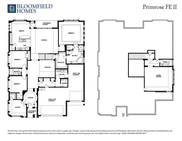 Bloomfield Homes Primrose FE II floor plan showing two floors with three bedrooms, study, game room, and two-car garage. Bloomfield Homes Primrose FE II floor plan showing two floors with three bedrooms, study, game room, and two-car garage.